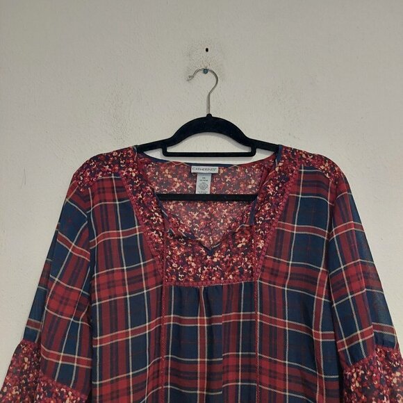 Catherines Women's Plaid Print Georgette Peasant Red Blue Blouse Top Plus Sz OX - Picture 2 of 8